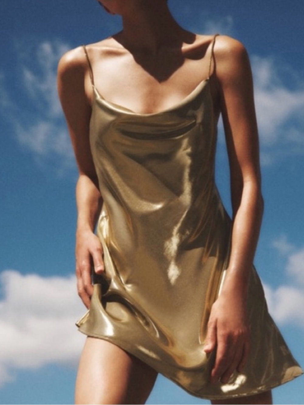 Zara Metallic Cowl Neck Liquid Gold Mini Slip Dress size Medium $90